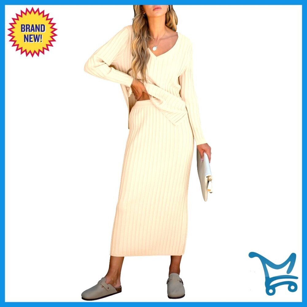 Ribbed Knit Sweater Skirt Set Long Sleeve V Neck Casual Fall Outfit